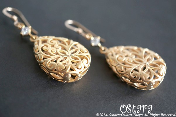 【14KGF】Earrings,Matt Gold Floral Teardrop Filigree 7枚目の画像