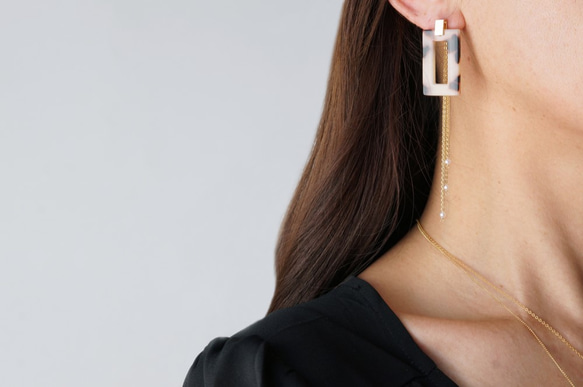 【Marble】2-Way Gold Stud Earrings,White Pearl-005- 2枚目の画像