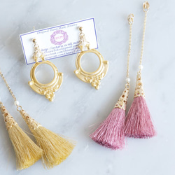 【Istanbul】 14KGF Metalic Tassel Pearl 2ways Stud Earrings 2枚目の画像