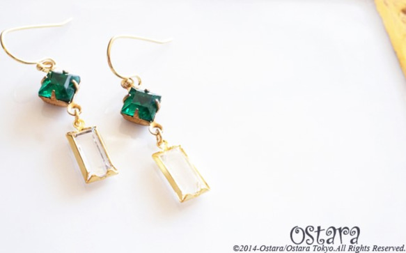 【14KGF】VIntage Glass Earrings,Deep Emerald,Rectangle Glass 2枚目の画像