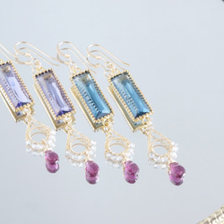 【14KGF】Rhodorite Garnet,Rectangle Glass Earrings 4枚目の画像