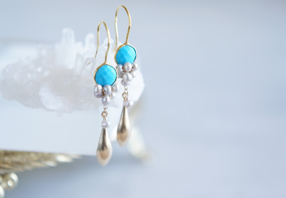 寶石藍綠松石和純銀珍珠耳環 第2張的照片