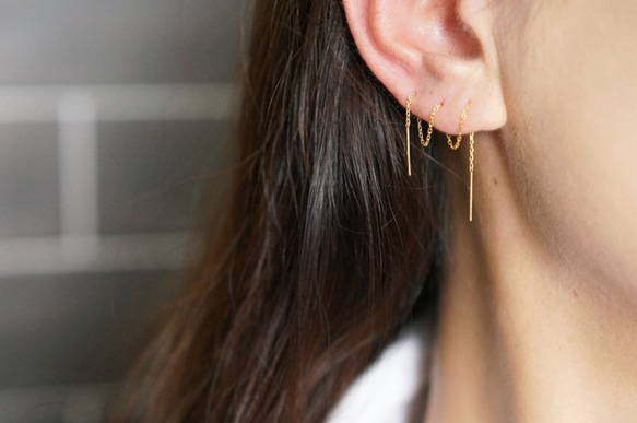 【K18YG】Double Bar Ear Thread Earrings 6枚目の画像