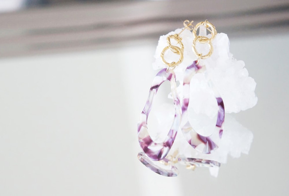 【Marble】14KGF Gold Design Double Linked Rings Earrings 3枚目の画像