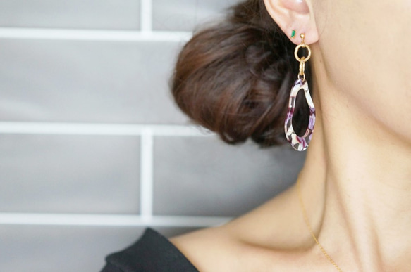 【Marble】14KGF Gold Design Double Linked Rings Earrings 5枚目の画像