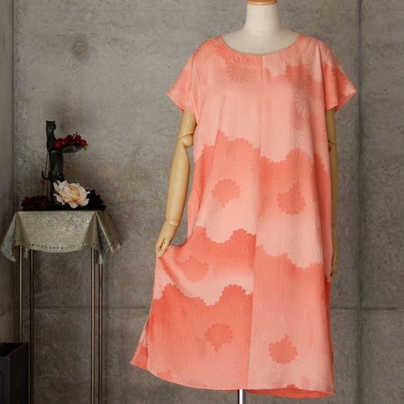 50%OFF 着物リメイク チュニックワンピース/ LL /菊の花 ワンピース  