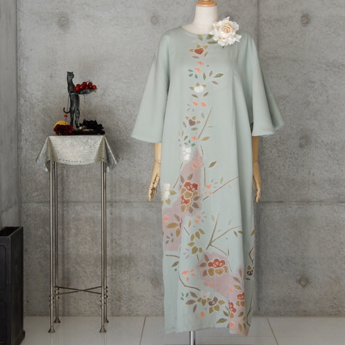 着物リメイク 辻が花 ロングワンピース/フリーサイズ/Aライン フリル袖 