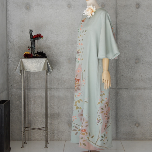 着物リメイク 辻が花 ロングワンピース/フリーサイズ/Aライン