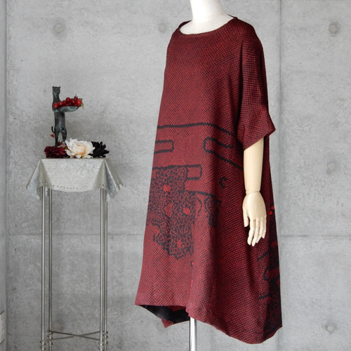 着物リメイク 絞り チュニック ワンピース/ フリーサイズ/朱赤X