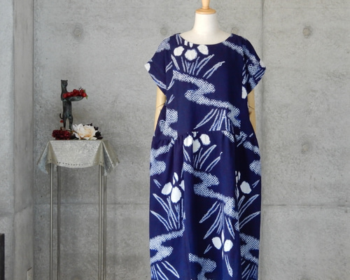着物リメイク 有松絞り ロールカラーロングワンピース 着物リメイク 有松絞りのワンピース/フリーサイズ kimono