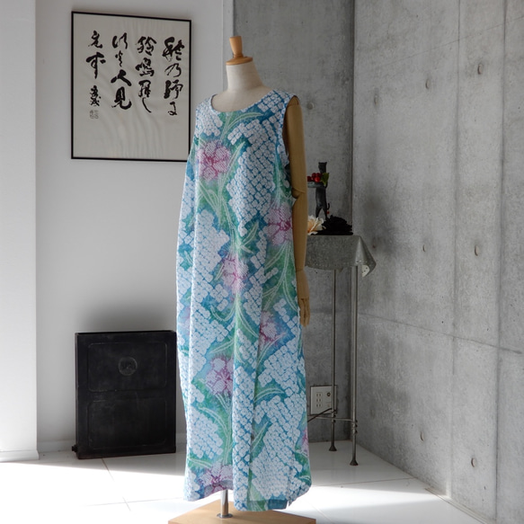 着物リメイク　有松絞りのロングワンピース/ゆとりのL/Aライン kimono 5枚目の画像