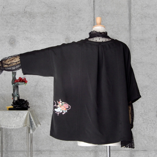 着物リメイク 黒の チュニックブラウス/フリーサイズ チュニック