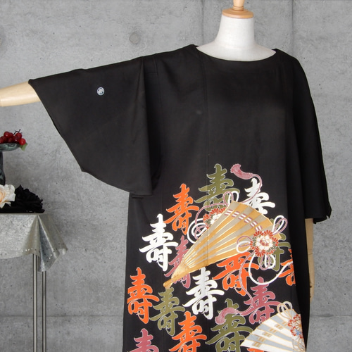 着物リメイク フリル袖 黒留チュニックワンピース/フリーサイズ kimono 