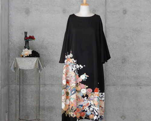 kimono 着物リメイク フリル袖 黒留チュニックワンピース/平安