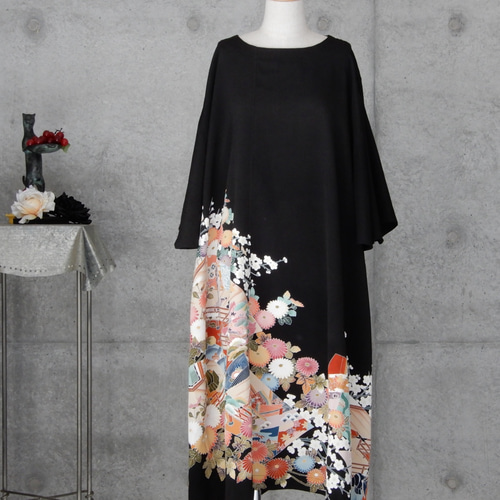 kimono 着物リメイク フリル袖 黒留チュニックワンピース/平安