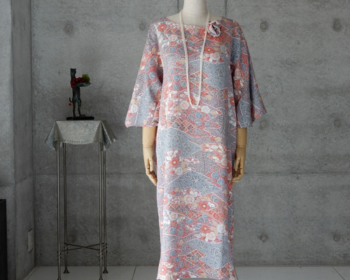 A227着物リメイク辻が花ワンピース☆リボン・ブローチ 着物リメイク