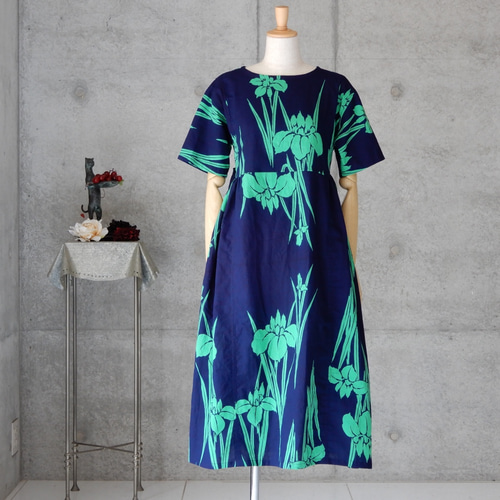 3L大きめサイズ浴衣リメイク 新品反物浴衣 青菖蒲フリル袖ゆったりワンピース 3L大きめサイズ浴衣リメイク 新品反物浴衣 青菖蒲フリル袖