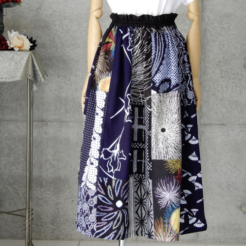 着物リメイク 藤・紺色スカート 天くらら】キモノスリーブ羽織×巻き