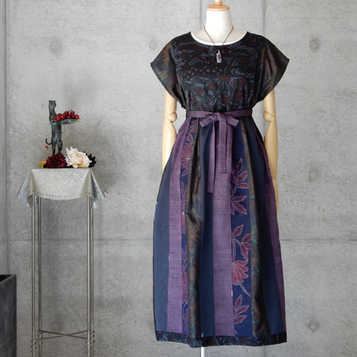 着物リメイク結城紬のパッチワークワンピース