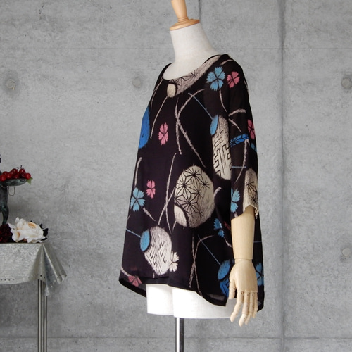 20%OFF 着物リメイク 夏紬 のチュニックブラウス/M〜L/古典柄 