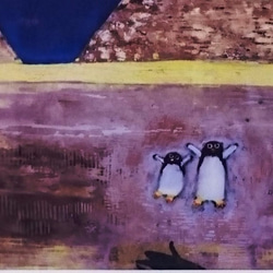 マット付額絵　画題《ペンギンたちのジャンプ　in エジプト》東あゆみ作　ガラス絵複製】 2枚目の画像