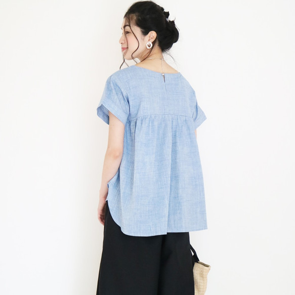 [Saxe Blue] 後背褶皺、圓下擺的粗斜紋棉麻套頭衫♥ 第3張的照片