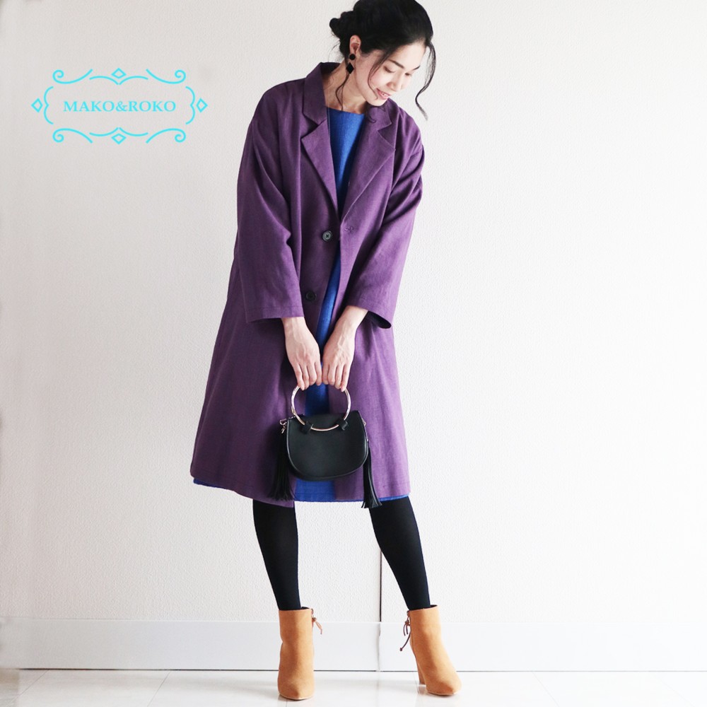 秋【パープル】中厚ソフト綿麻ゆったりチェスター風コート☆