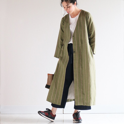 春【カーキストライプ】リラックス着心地リネン100％ベルト付きロング