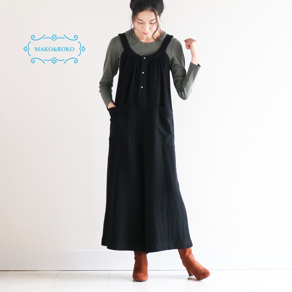 Newカラー【ブラック】 中厚ソフト綿麻リラックスサロペット♪