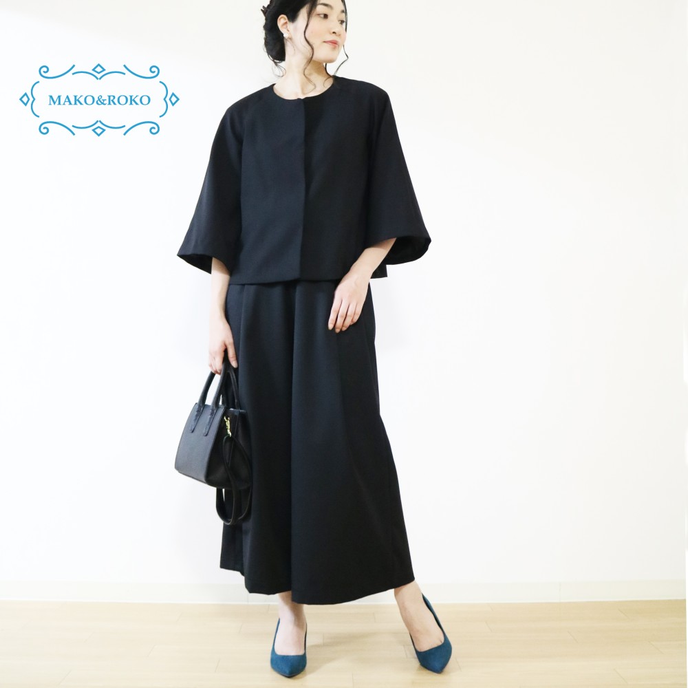 セットアップ【ブラック】洗えるＡラインラグランスリーブジャケット＆後ろゴムタック入りワイドパンツ♥