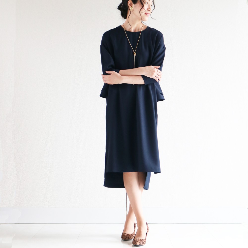 送無☆洗える【ネイビー】ダブルジョーゼットバックぺプラムコクーンワンピース♥