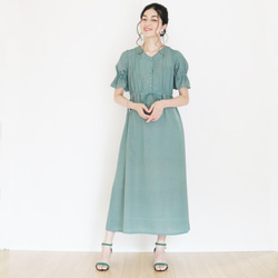 販売実績150点突破☆再販【ヘリンボーン柄】くすみグリーン×キャメル配色ロング丈プリントワンピース♥ 4枚目の画像