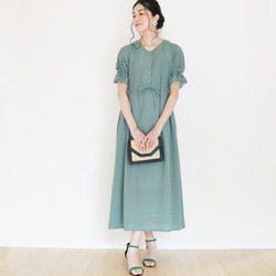 新款【人字紋】暗綠x駝色長版印花洋裝♥ 第6張的照片