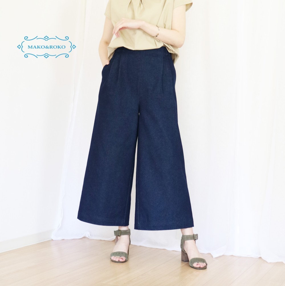 New【インディゴデニム】ソフト風合いウエスト後ろゴム＆タック入りワイドパンツ♥