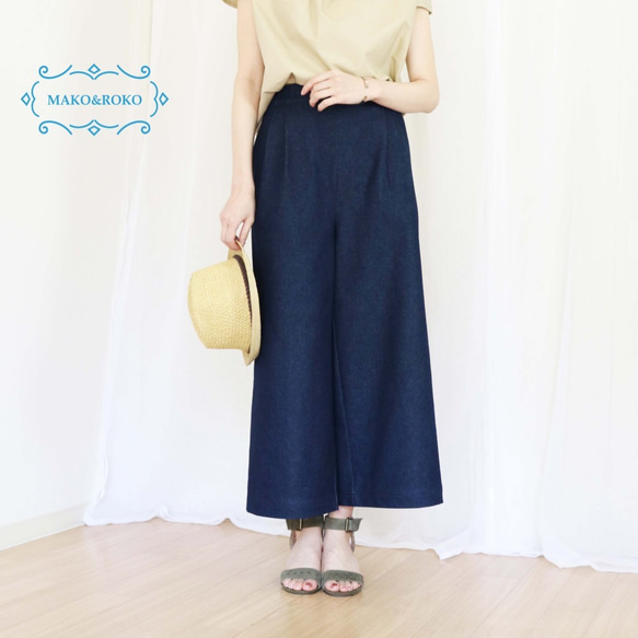 全新【靛藍牛仔布】柔軟質感寬褲，腰部有鬆緊帶，後部有褶襉♥ 第2張的照片