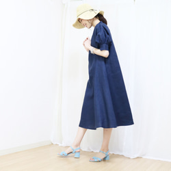 新款【海軍藍】100%法國亞麻泡泡袖捲洋裝♥ 第5張的照片