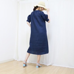新款【海軍藍】100%法國亞麻泡泡袖捲洋裝♥ 第6張的照片