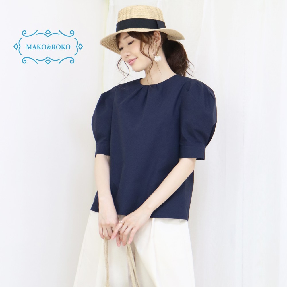 夏【ネイビー】コットン100%ラウンドネックパフスリーブプルオーバー★