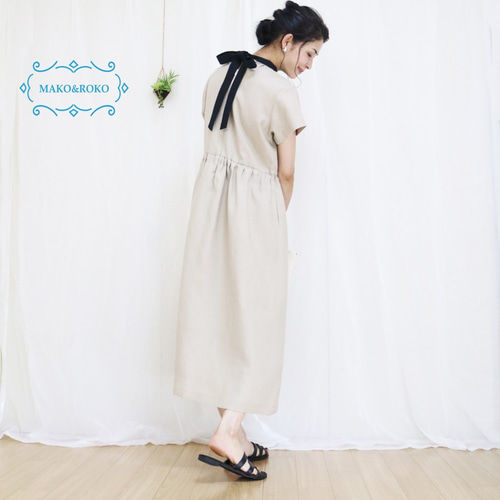 涼夏【グレージュ】リネン100%バックネックリボン後ろファスナー