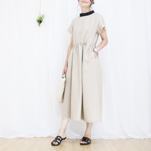 涼夏【グレージュ】リネン100%バックネックリボン後ろファスナー