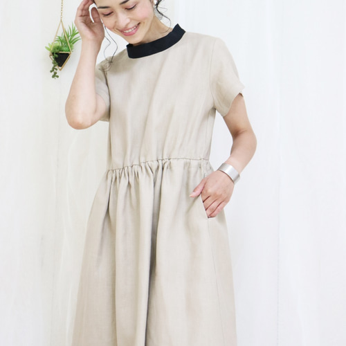 涼夏【グレージュ】リネン100%バックネックリボン後ろファスナー
