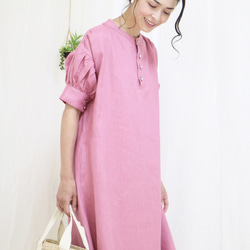 新款【玫瑰粉紅】100%法國亞麻泡泡袖捲裙♥ 第3張的照片