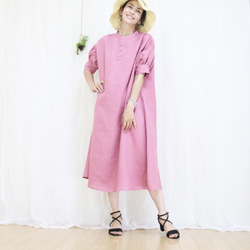 新款【玫瑰粉紅】100%法國亞麻泡泡袖捲裙♥ 第4張的照片