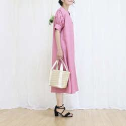 新款【玫瑰粉紅】100%法國亞麻泡泡袖捲裙♥ 第5張的照片