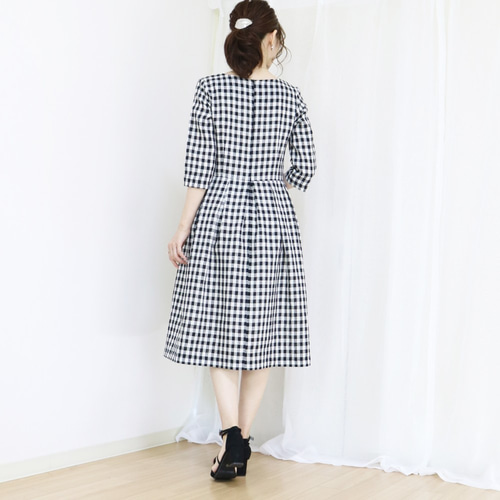 ギンガムチェック】ハーフリネン総裏地付きVネックウエスト切り替え