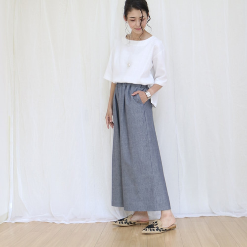 春夏【ダンガリー風】コットンリネンウエスト総ゴム入りワイドパンツ  