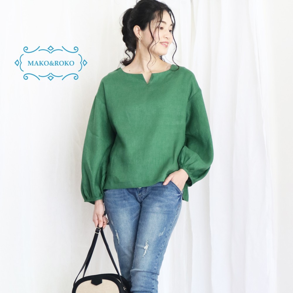 【ダークグリーン】ツヤ感中厚リネン100%パフスリーブプルオーバー♥