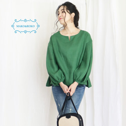 [深綠色] 閃亮的中等重量100%亞麻泡泡袖套頭衫♥ 第2張的照片