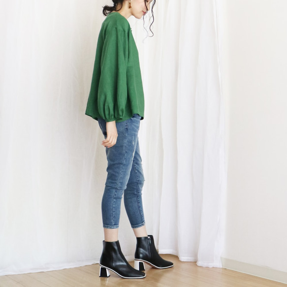 [深綠色] 閃亮的中等重量100%亞麻泡泡袖套頭衫♥ 第3張的照片