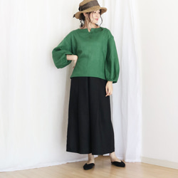 [深綠色] 閃亮的中等重量100%亞麻泡泡袖套頭衫♥ 第4張的照片